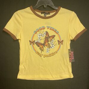 Rue 21 Women’s Top Large Good Vibes Stay Positive Yellow Butterfly NWT